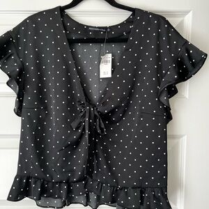 ABERCROMBIE & FITCH Short-Sleeve Tie-Front Top Black White Dots Size XL New
